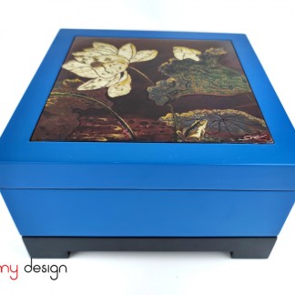 Blue square lacquer box attached with lotus lacquer painting included with stand 25xH10 cm